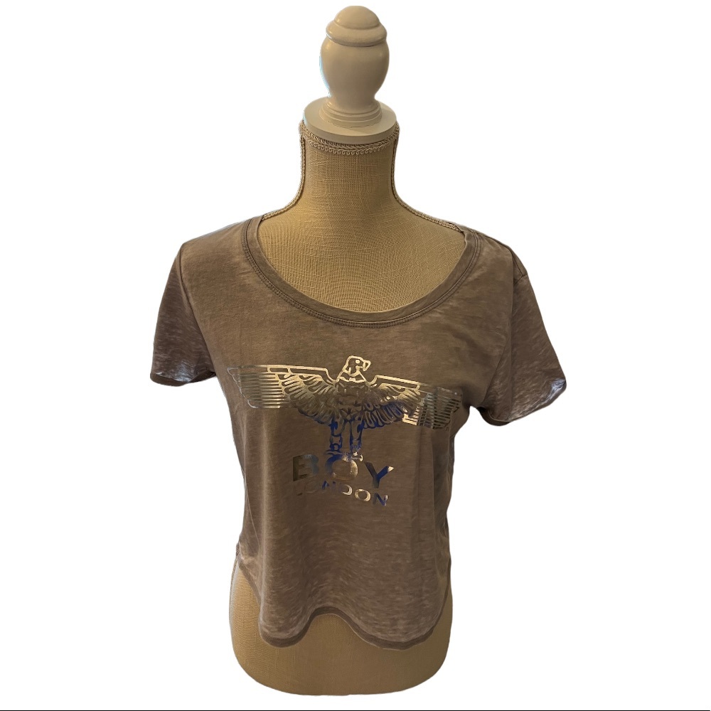 Boy London short sleeve gray tee with silver foil details. Cropped. Comfy. Soft